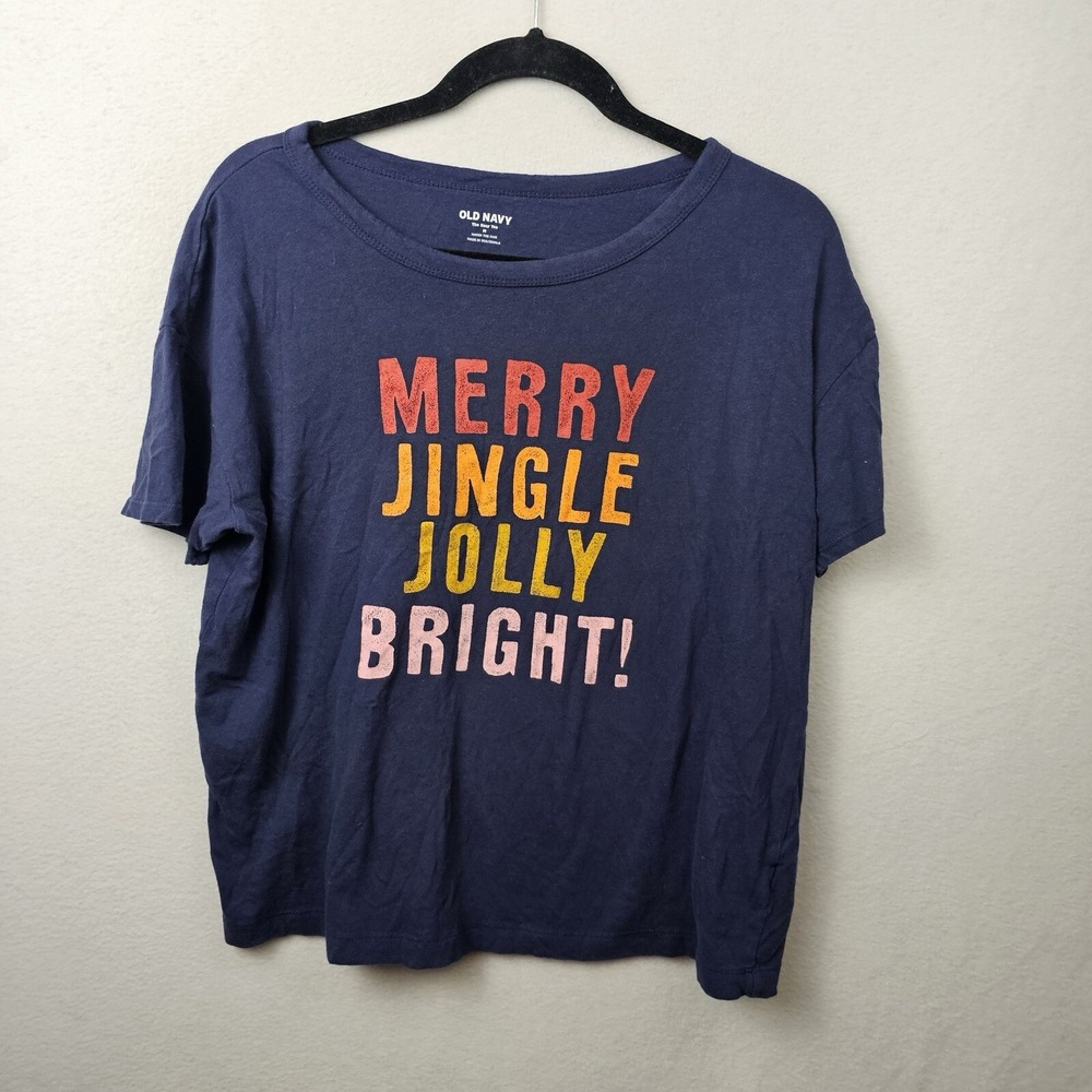 Old Navy Shirt Woman's Size Medium Navy Blue T-Shirt Merry Jingle Jolly Bright